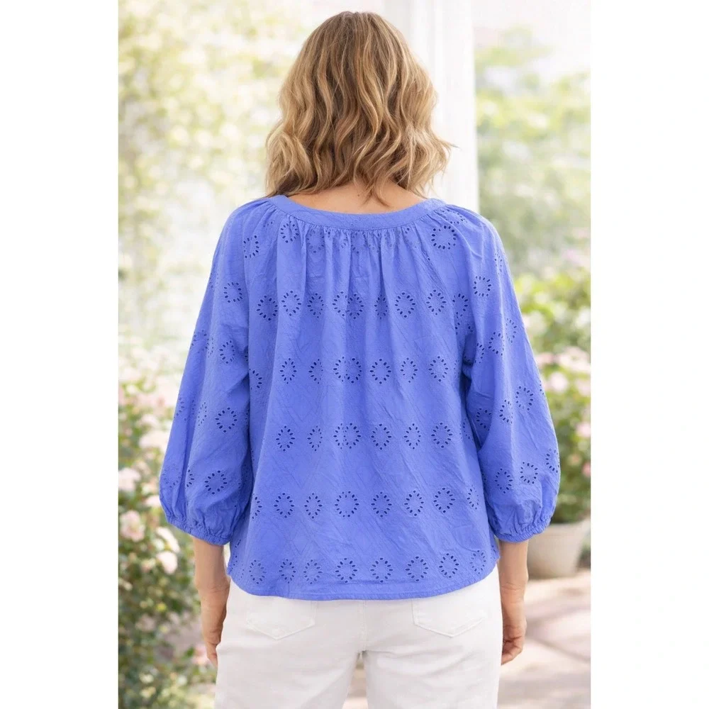 Banana Republic Eyelet Blouse Womens L Blue‎ Henley 3/4 Puff Sleeve Top Cotton